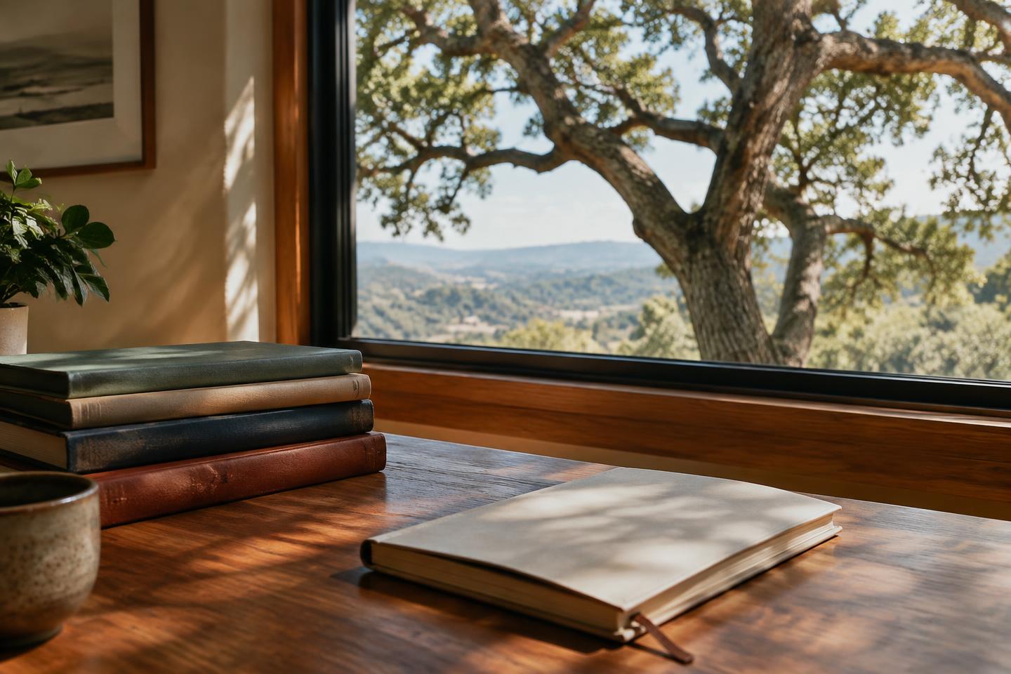 Books and a blank journal beside a window overlooking a valley oak.