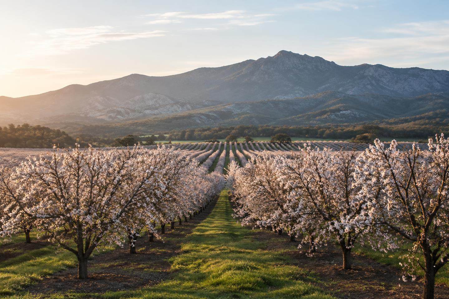 Rhythmic rows of a Northern California almond orchard in morning light.