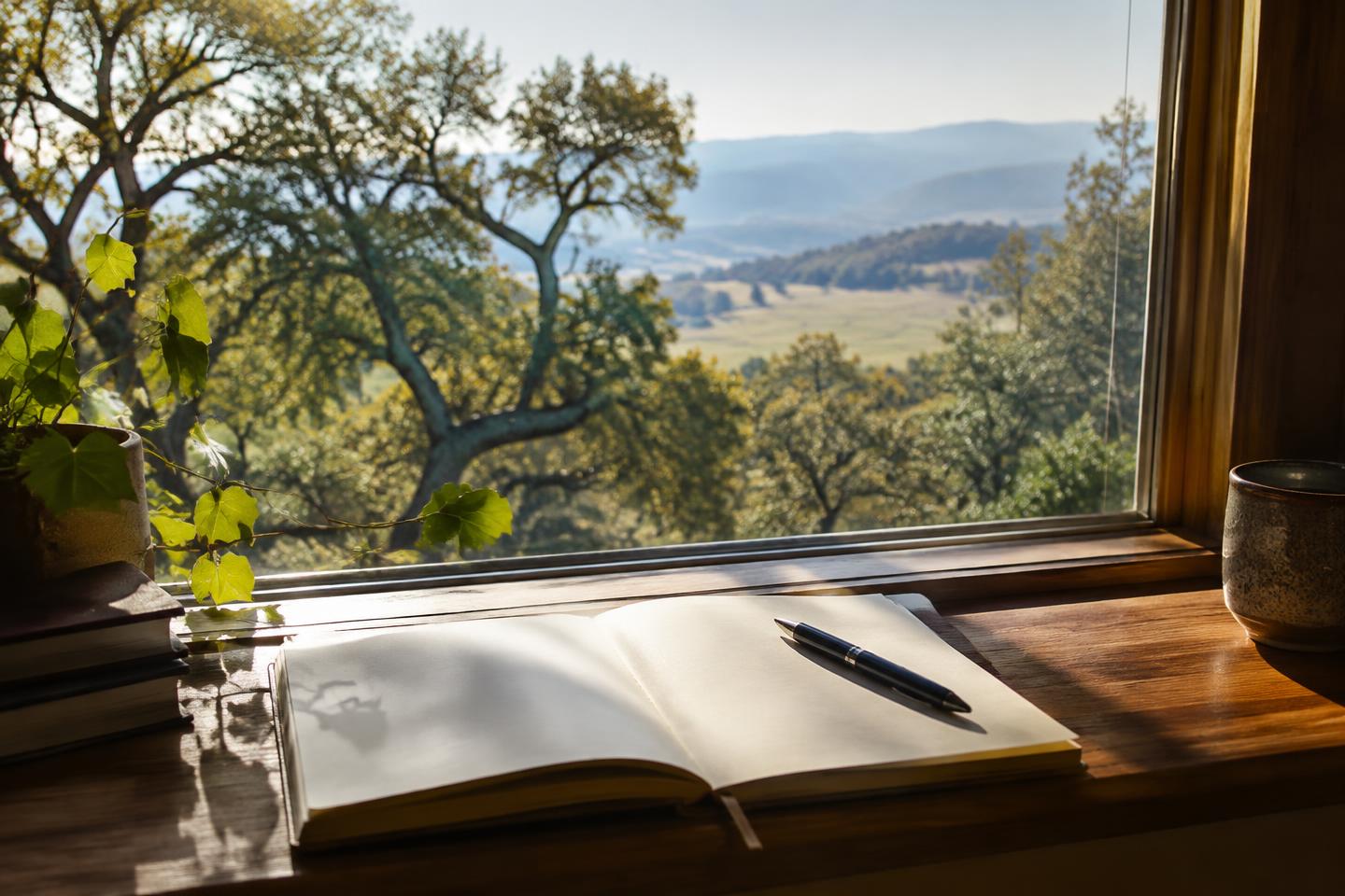 An open notebook on a sunlit windowsill overlooking valley oaks.