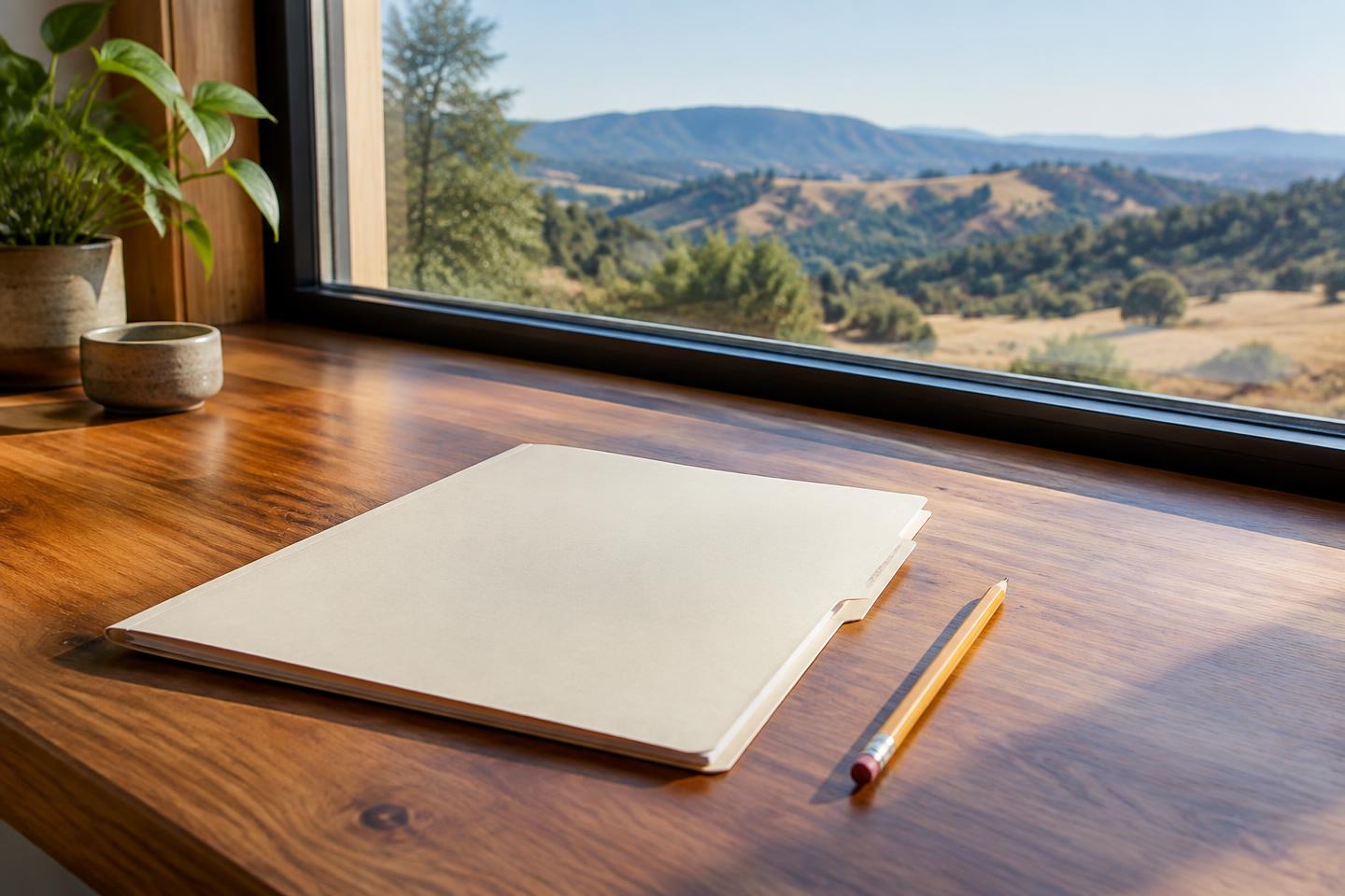 A blank estimate folder and pencil beside a window overlooking foothills.