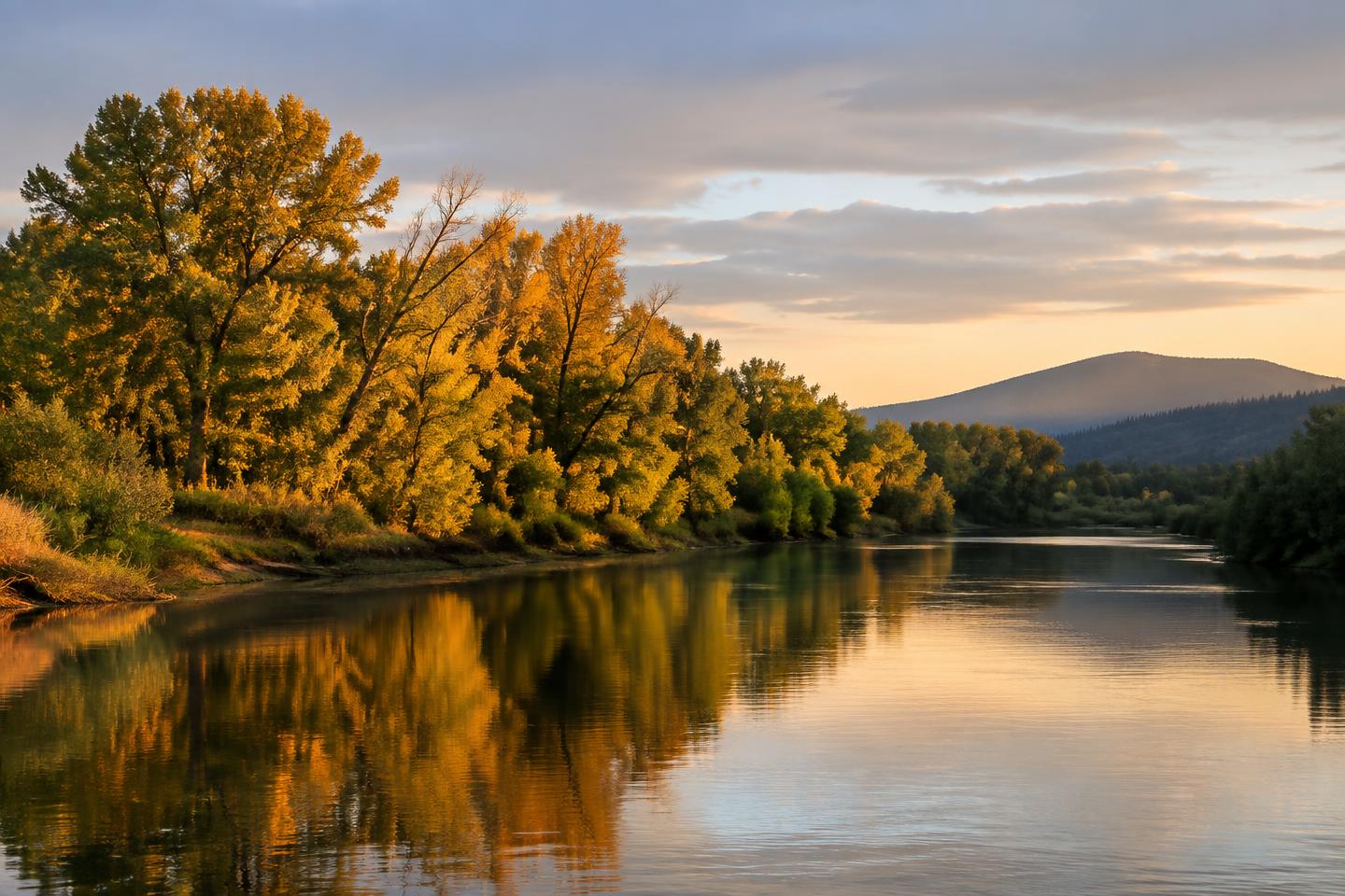 The Sacramento River and cottonwoods in golden evening light.